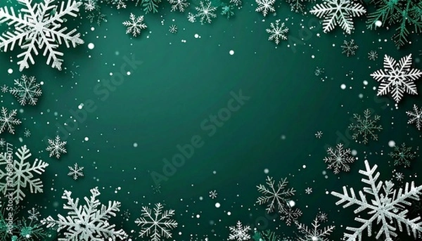 Obraz 緑色の背景に雪の結晶が舞う冬の横長フレーム背景
