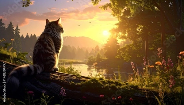 Fototapeta Serene view of a cat perched on log, watching the sunset over a lake surrounded by lush greenery and forested hills