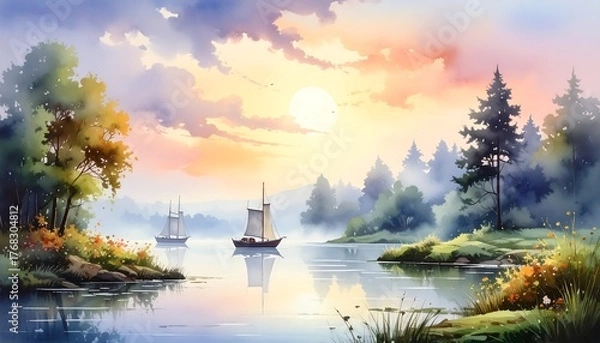 Fototapeta Serene waterscape featuring sail boats and a gentle, colorful sky filled with light reflecting on calm water