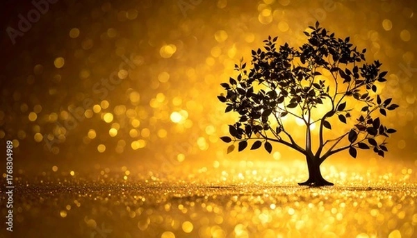 Fototapeta Silhouetted tree with dense leaves against a shimmering, bokeh-filled golden background creating a magical ambiance