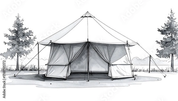 Fototapeta Sketch of a camping tent with open sides and two trees behind it under a sunny sky