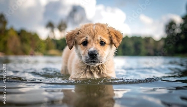 Fototapeta Small, furry puppy wades through shallow water, looking at the viewer with a slightly worried expression