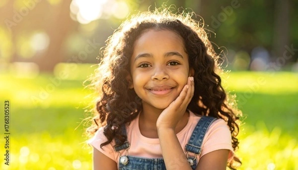 Fototapeta Smiling girl, curly hair, overalls, sits in sunlit grassy field, hand on cheek, warm light, happy