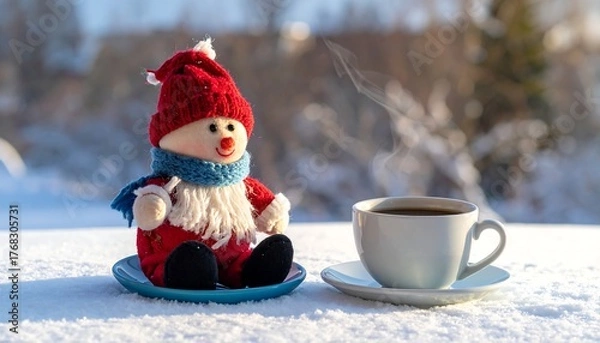 Fototapeta Snowman plushie sits next to steaming coffee on snow; blurry winter background, sunshine