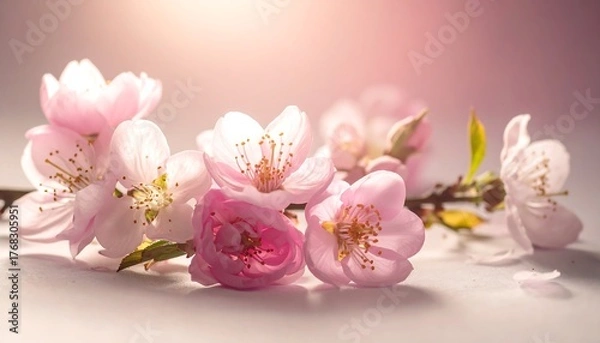 Fototapeta Soft, pink blossoms with visible stamen on a light surface, illuminated by gentle backlight, creating a serene scene