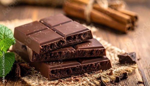 Fototapeta Stacked chocolate bars on burlap with mint and cinnamon sticks on a rustic wooden surface, close-up detail