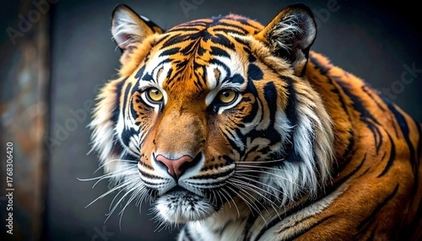 Fototapeta Striking portrait of an orange and black striped tiger, its intense gaze fixed on the viewer, sharp focus