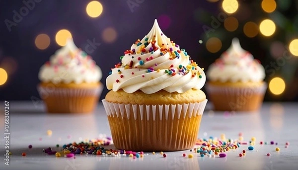 Fototapeta Three cupcakes with white frosting and colorful sprinkles on a marble surface with bokeh lights in the background