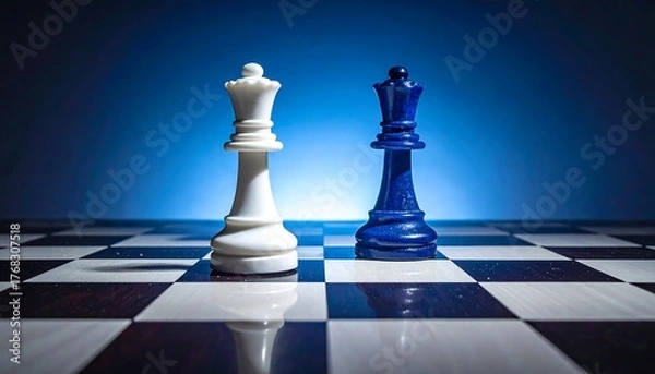 Fototapeta Two chess queens, white and blue, stand on a checkered board under blue light, casting dramatic shadows