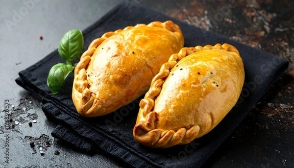 Fototapeta Two golden baked pastries rest on a dark napkin with basil, against a dark textured surface