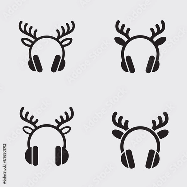 Fototapeta Bundle of Headphone icon with reindeer ears, minimal vector, white background.