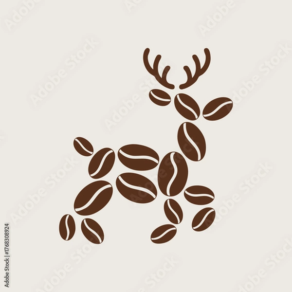 Fototapeta Coffee bean forming reindeer shape, minimal icon, Christmas cafe theme