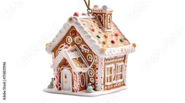 Obraz A whimsical miniature gingerbread house ornament, meticulously decorated with white icing and tiny candy pieces. Detailed, festive, isolated on white background.