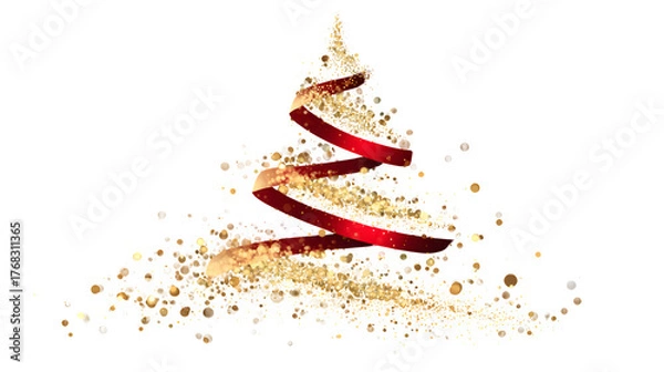 Fototapeta An abstract Christmas tree formed from gold bokeh glitter particles, with a single, hyper-realistic red ribbon wrapped around it. Mixed media style, for a transparent PNG background.