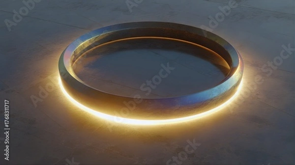 Fototapeta Shiny metallic ring with bright glowing halo on a dark reflective surface abstract