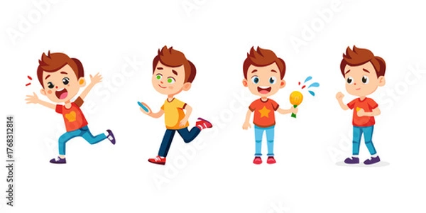 Fototapeta A set of four images boy in different poses background depth creative scene expression illustration design motion frame elements cartoonish gesture emotion colorful composition ... See More