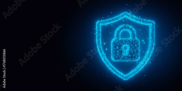 Fototapeta Blue glowing wireframe protection shield outline with padlock symbol on black background with copy space, business security, protection or digital safety template concept