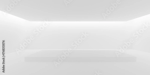 Fototapeta Empty blank white room background with indirect ceiling light and central podium or dais, modern interior template