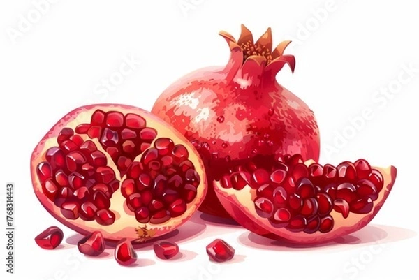 Fototapeta Fresh and juicy pomegranate fruit, opened to reveal its vibrant red seeds, accompanied by a whole pomegranate and a segment, creating a colorful and healthy still life