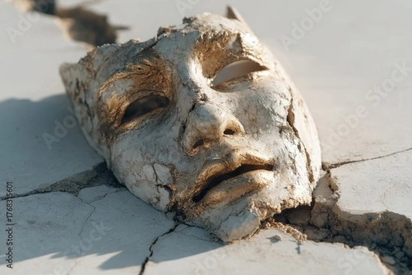 Fototapeta Broken Theatrical Mask with Gold Flakes on Cracked Stone, Evoking Themes of Deception, Fragility, Ancient History, and the Unveiling of Truth or Emotion