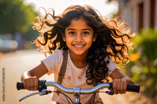 Obraz Smiling little girl riding a bicycle outdoors on a sunny day, cheerful expression and carefree mood.