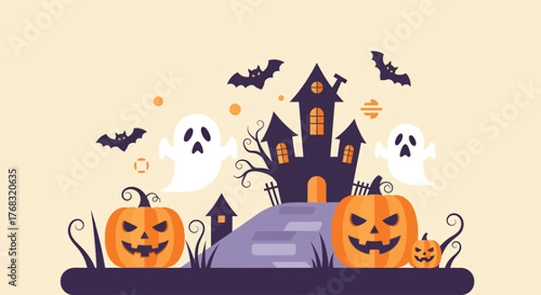 Fototapeta Halloween illustration with haunted house, pumpkins, ghosts, and bats on a light background.