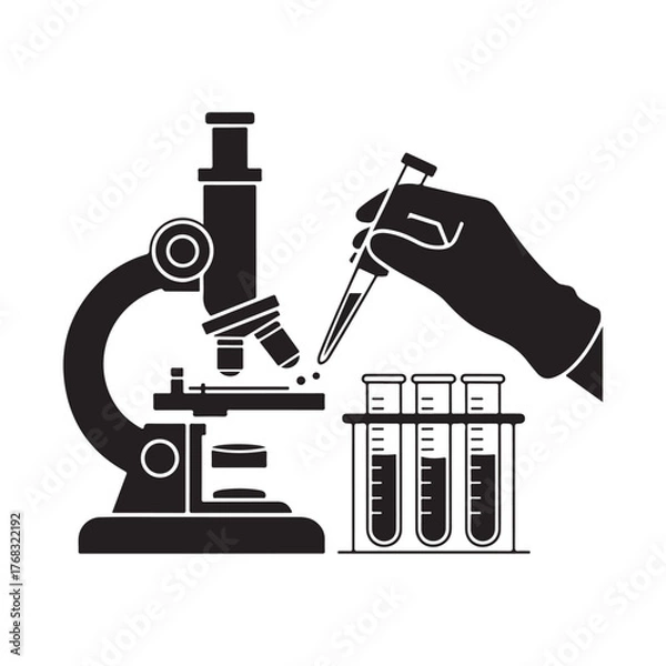 Fototapeta Microscope and Test Tube Research Silhouette Vector Icon