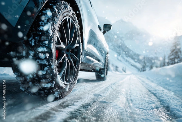 Obraz Close-up of car wheels with snow chains driving on a snowy mountain road. Snow and ice particles around the tires, cold blue and white tones, dynamic motion blur effect for realism.