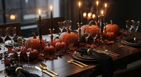 Fototapeta Elegant Thanksgiving table setting with pumpkins, candles, and dark accents.