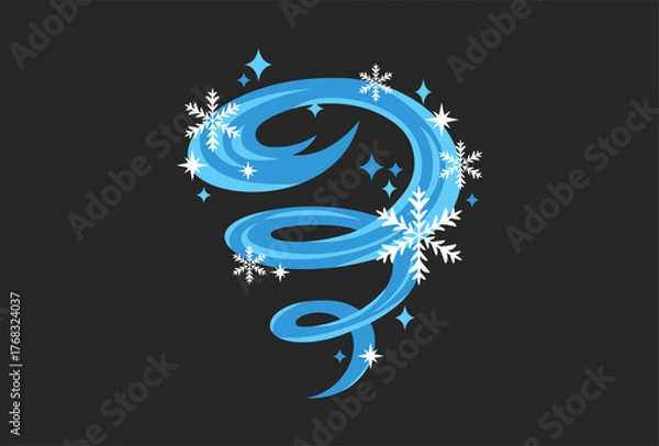 Fototapeta Snow vortex vector illustration, windy swirl with snowflakes and stars magic Christmas mood design