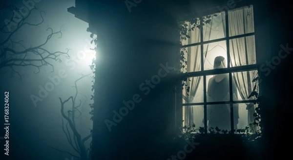 Fototapeta Eerie figure in window at night with fog and moonlight.