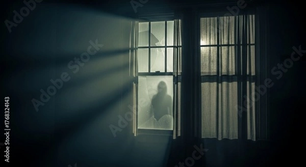 Fototapeta Eerie silhouette of a person behind a window at night, creating a mysterious and unsettling atmosphere.