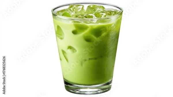 Fototapeta A bright green drink with ice awaits on a sunny table ideal for quenching thirst and enjoying the moment.