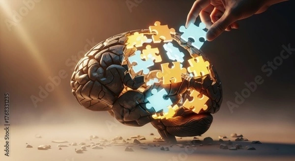 Fototapeta Solve Your Problems Brain Concept with Puzzle Pieces, Mental Health Ideas, Boost Creativity, Improve Memory, Brainstorming Sessions, and Cognitive Skills