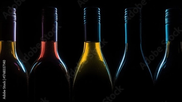 Fototapeta cellar. Artistic arrangement of wine bottles with dramatic backlighting, creating a moody atmosphere. bar promotions, beverage menus, designed for food & beverage menus and cafe branding.