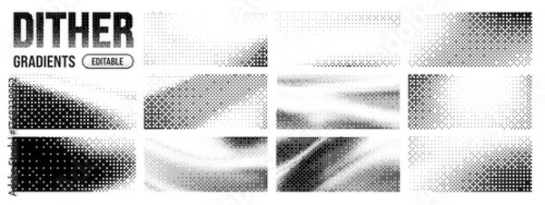 Fototapeta Gradient dither set with bit bg game and background bitmap pattern pixel. Retro gradation vector with speckle abstract grid and arcade 2D art white. Interface computer spread with geometry digital