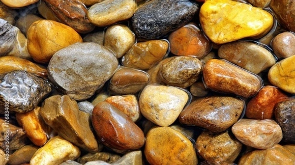 Obraz pebble. Smooth river stones polished by water flow, showing natural erosion patterns in a shallow stream. travel magazines, destination branding, designed for travel destination branding.