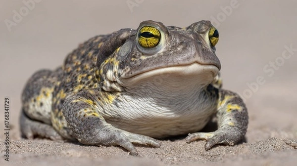 Obraz herpetology. Macro view of a Sonoran Desert Toad resting on sandy terrain in natural sunlight. wildlife magazines, conservation campaigns, designed for wildlife conservation campaigns.