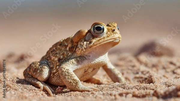 Obraz herpetology. Macro view of a Sonoran Desert Toad resting on sandy terrain in natural sunlight. wildlife magazines, conservation campaigns, designed for wildlife conservation campaigns.