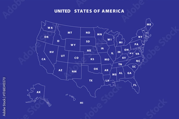 Fototapeta United States Map Vector Graphic White outline for Presentations and Designs