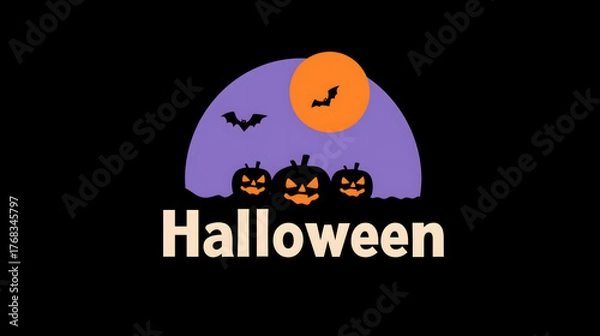 Fototapeta Minimal Halloween Illustration with Glowing Pumpkins on Dark Purple and Black Background – Poster Concept