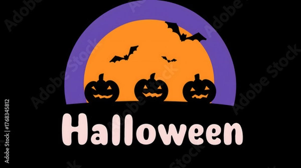 Fototapeta Minimal Halloween Illustration with Glowing Pumpkins on Dark Purple and Black Background – Poster Concept