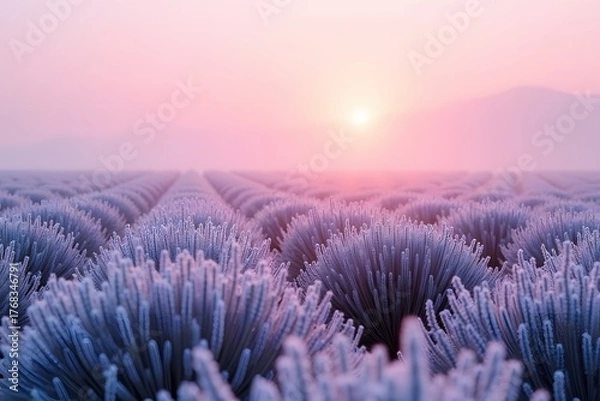Fototapeta A field of frost-covered lavender under a pale pink dawn.