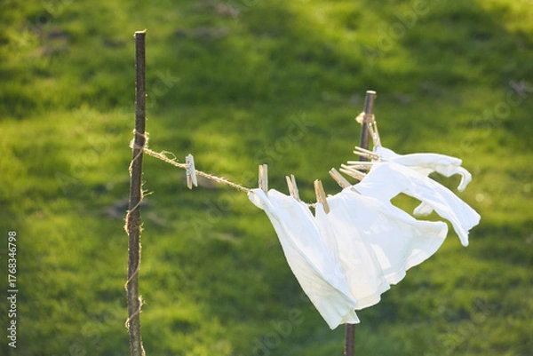 Fototapeta Washed clothes drying on a clothesline in the yard