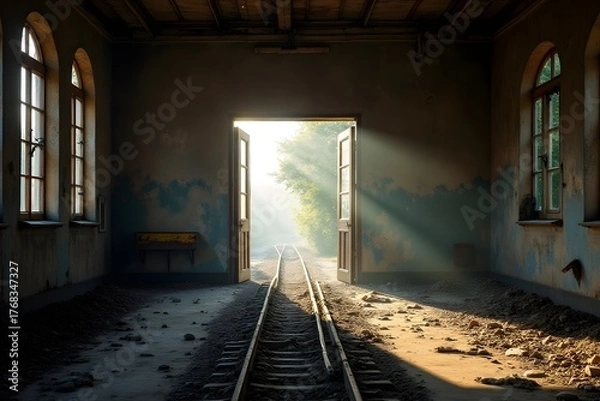 Fototapeta Old train station filled with dust and sunlight through broken glass.