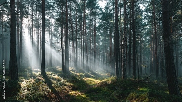 Obraz confinement. Atmospheric pine forest with morning mist and gentle light filtering through trees. travel magazines, destination branding, designed for outdoor magazines and nature guides.