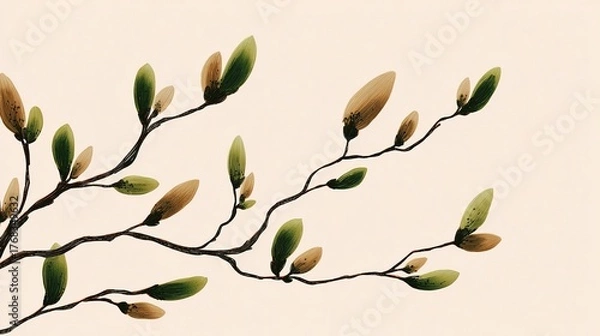 Fototapeta extension. New botanical buds extending from a main branch in minimalist illustration. gardening catalogs, home-decor guides, designed for gardening and botanical catalogs.