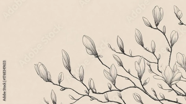 Fototapeta extension. New botanical buds extending from a main branch in minimalist illustration. gardening catalogs, home-decor guides, designed for gardening and botanical catalogs.