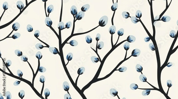 Fototapeta extension. New botanical buds extending from a main branch in minimalist illustration. gardening catalogs, home-decor guides, designed for gardening and botanical catalogs.