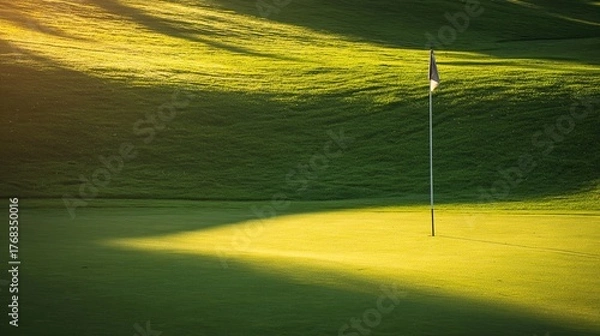 Obraz golf. Ancient golf course green glowing in morning light, manicured grass surface. event key visuals, club posters, designed for fitness apps and gym onboarding, used by fitness trainers.